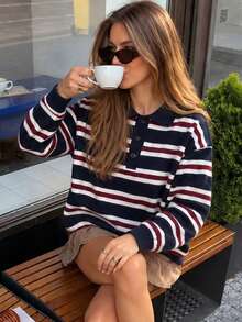 Apperloth A Women's Retro Stripe Knit Sweater Polo Collar Half Button Front Drop Shoulder Long Sleeve Tops Fall Clothes Casual Daily Versatile Commute Outfit - Multicolor - View 3