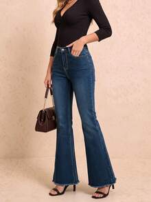 American Street Style New Solid Color Washed Denim Flare Pants, Vintage Sexy Women's Long Pants - Dark Wash - View 3