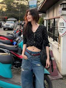Thin Tie-Front Cardigan Early Autumn Polka Dot Korean Style Elegant Women's Top - Black - View 8