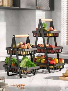 2-Tier & 3-Tier Available, Fruit Basket With Wooden Handle, Portable Fruit Bowl, Kitchen Counter Storage Rack, Detachable Rectangular Metal Basket For Fruits, Vegetables, Bread, Snacks, Banana, Home Decor Organizer - Multicolor - View 4