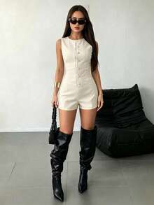 Mono short de color sólido sin mangas con botones frontales y bolsillos para mujer, conjunto de vestir elegante para salidas y trabajo - Albaricoque - Ver 3