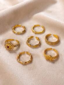 7Pc Open Adjustable Rings Set For Women Gold Tone Zirconia Stacking Mix Style Vintage Sunflower Cross Star Wave Geometric Bands Jewelry - Gold - View 5