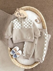 2Pcs/Set Boys' Checkerboard Patchwork Half-Zip Stand Collar Sweatshirt & Jogger Pants Casual Sports Outfit, Spring/Autumn - Khaki - View 14