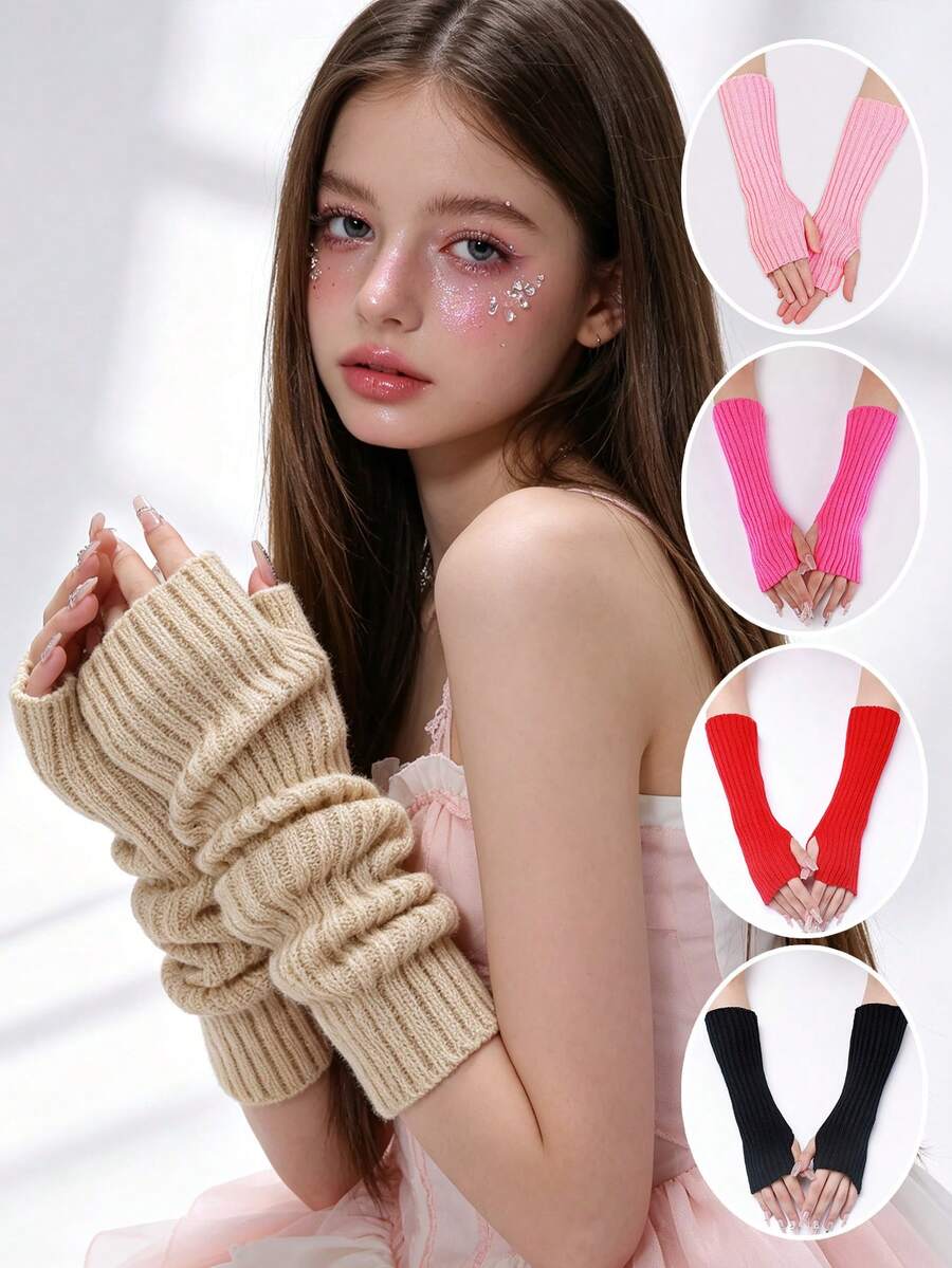 1pair Teen Girls Stretchy Ruched Knit Long Arm Cuffs, Solid Color Fingerless Hand Warmers For Party & Street Styling - 1Pair - View 1