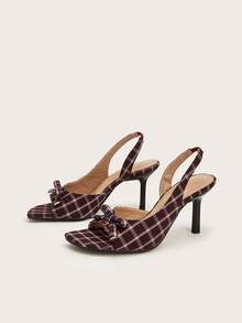 Women's Elegant Basic Office Green Plaid Bow Open Toe Stiletto High Heel Sandals Christmas - Redwood - View 2