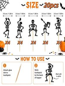 10 piezas/20 piezas Adornos de Esqueleto para Cupcakes de Halloween, Palillos de Esqueleto Bailando para Pasteles, Decoraciones de Postres Espeluznantes, Suministros de Repostería para Fiestas de Halloween - Ver 7