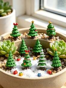 6pcs Mini Resin Christmas Tree Micro Landscape Decor, 7 Different Designs, Holiday Desktop Decoration, Mini Christmas Decor, Suitable For Winter Holidays, Christmas Village Scenes And DIY Home Decor, Christmas Dollhouse Miniature Model, Mini Holiday Tree Statues, Suitable For Fairy Garden, Micro Landscape, Desktop And Holiday Home Decor - Multicolor - View 5