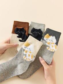 1 Pair/4 Pairs Women's Autumn Winter Mid-Calf Socks Cartoon Fun Pattern Sheer Socks - Multicolor - View 11