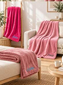 1pc Personalized Monogram Embroidered Flannel Throw Blanket, Custom‑Text Pink‑Toned Household Blanket, Distinct Embossed Surface Design, Three Color Selections, Holiday Gift Choice, For Living Room, Bedroom And Household Space Display - Multicolor - View 8