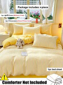 Set Perlengkapan Tidur 4pcs Tebal Bergaris Kuning (1 buah Sarung Selimut + 2 buah Sarung Bantal + 1 buah Sprei, Tanpa Bantal dan Selimut), Tekstil Rumah Lembut & Bernapas untuk Semua Musim, Dapat Dicuci dengan Mesin - Garis Kuning - View 3