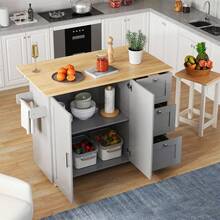Kitchen Island On Wheels, Rolling Storage Trolley With Foldable Tabletop, 3 Drawers, 2 Doors, Lockable Swivel Wheels, Towel Rack – Versatile For Dining Room & Living Room,135*44(70)*90cm - Grey + MDF - View 1