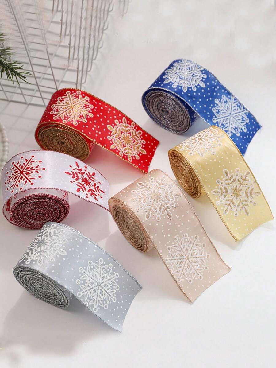 1 Roll Christmas Snowflake Pattern Gift Wrapping Ribbon - Christmas Ribbon With Shiny Snowflake Design; Suitable For Gift Wrapping, Bouquet Wrapping, DIY Bows, Wreath Decoration And General Christmas Decoration. - One Size Fits All - View 1