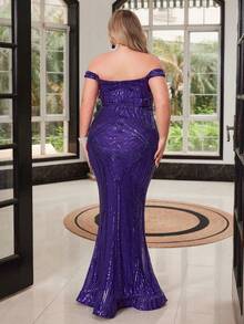 Plus Size Glamorous Purple Sequin Off-Shoulder V-Neck Mesh Patchwork Backless Fitted Mermaid Party Evening Gown - Purple - View 5