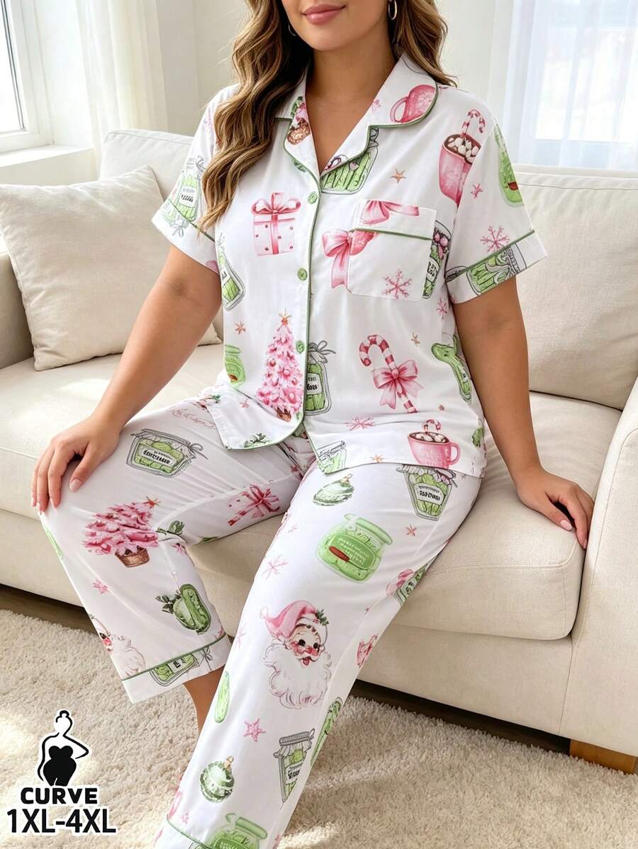 Plus Size 2 Pieces Summer Women's Pajama Set, Funny Pickle, Santa Claus ...