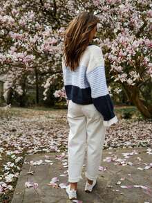 Women's Round Neck Gradient Striped Single-Breasted Loose Casual Slouchy Versatile Knit Long Sleeve Cardigan Streetwear - Multicolor - View 3