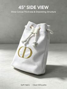 DIOR White Canvas Embroidered Bucket Drawstring Makeup Bag, Luxury Small Gold Label Embroidered Portable Sample Cosmetic Jewelry Storage Bag, Soft Fabric Pouch For Lipstick, Powder, Small Items Organizer, Travel And Business Trip Portable - White Embroidered Bucket Drawstring Bag - View 3