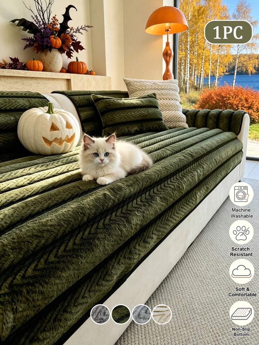 1pc Plush Embossed Striped Sofa Cover, Non-Slip Bottom, Pet-Friendly Scratch-Resistant, Machine Washable Sofa Protector, Suitable For 1/2/3/4-Seater Sofa, Soft Decorative Living Room Home Sofa Cover - Green - View 1