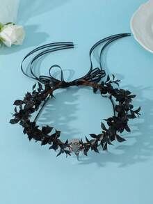 Dark Forest Witch Bird Skull Crown Headband, Black Leaves, Red Rhinestone Chain, Brown Vines, Gothic Style, Halloween Cosplay Wedding Party - Black - View 4