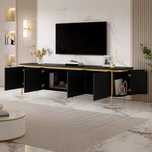 Low TV Cabinet Sideboard TV Stand MDF Iron Legs 6 Doors Rounded Ends Slatted Cable Management Living Room - Black - View 3