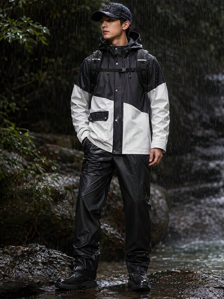 Setelan Hujan Unisex 2 Potong, Jaket dan Celana Hujan Dewasa, Set Perlengkapan Hujan Tahan Air dengan Tudung, Cocok untuk Mengendarai Sepeda Motor - Set jas hujan dengan kombinasi warna - View 1