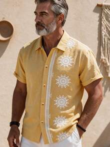 GOLDREDY Men's Summer Refreshing Casual Plant Pattern Rubber Print Design Solid Color Polo Collar Short Sleeve Shirt - Yellow - View 1