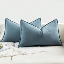 1 buah Sarung Bantal Pinggang Abu-abu Biru, Sarung Bantal Persegi Panjang Motif Tulang Ikan, Sarung Bantal Dekoratif dengan Tepi Berpipa, Tanpa Isi Dalam, Cocok untuk Sofa Ruang Tamu - Biru - View 9