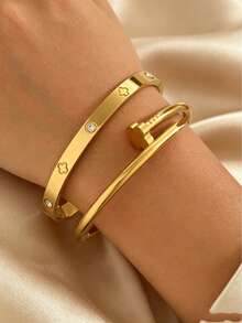 2pcs Hot-Selling Cross-Border Starry Sky Rhinestone-Studded Stainless Steel Bracelets, Fashionable Elegant Women's Full-Rhinestone Bangles - Gold - View 9