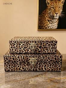 2pcs Set Large Capacity Pink Leopard Print PU Jewelry Box With Gold Rhinestone Leopard Head Zinc Alloy Clasp, Rectangular With Lid And Velvet Lining, Jewelry Storage Organizer For Bedroom Vanity, Mother's Day Valentine's Day Gift For Women - Black and Pink - View 14