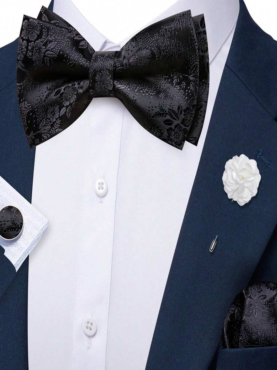 4件組男士黑色小碎花提花領結口袋巾袖扣胸針套裝,適用婚禮、商務、派對 - 黑色 - 查看 1