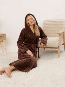 1pc Elegant Luxury Women's Long Flannel Hooded Bathrobe, Multi-Color, Suitable For Spring, Autumn And Winter, Comfortable For Home And Leisure - Mocha Brown - View 5