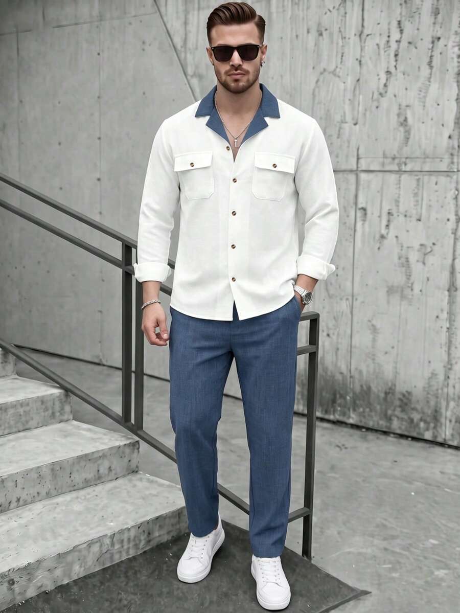 Men's Light Business Casual 2-Piece Set, Spring/Autumn Thin Woven Fabric, Contrast Trim Single-Breasted Blazer Collar Long Sleeve Shirt With Double Pockets And Drawstring Solid Color Long Pants, Regular Fit Textured Outfit For Daily Commute