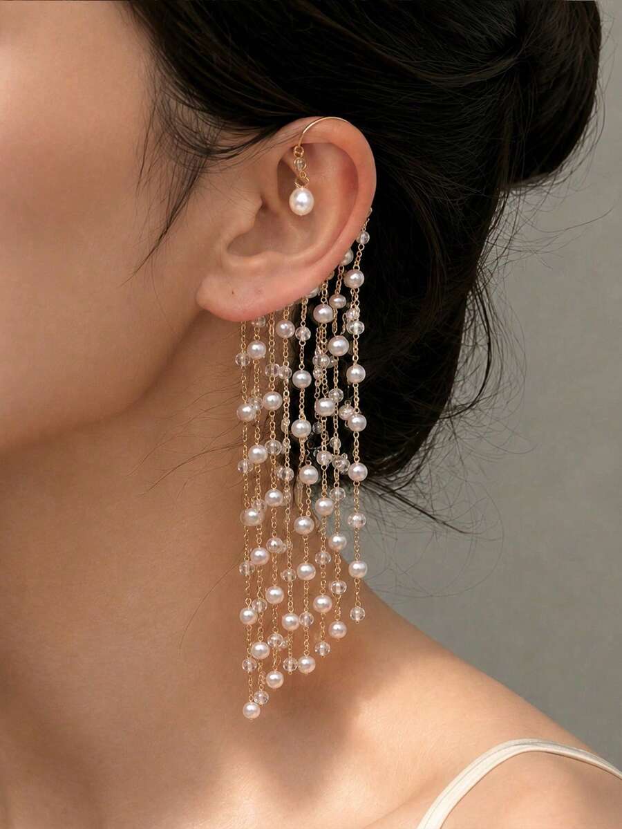 1pc Multi-Layer Pearl Beaded Long Tassel Ear Hook, Non-Pierced Dangle Earrings, Women's Bridal Wedding Ball Evening Party Accessory - Rhinestones - View 1