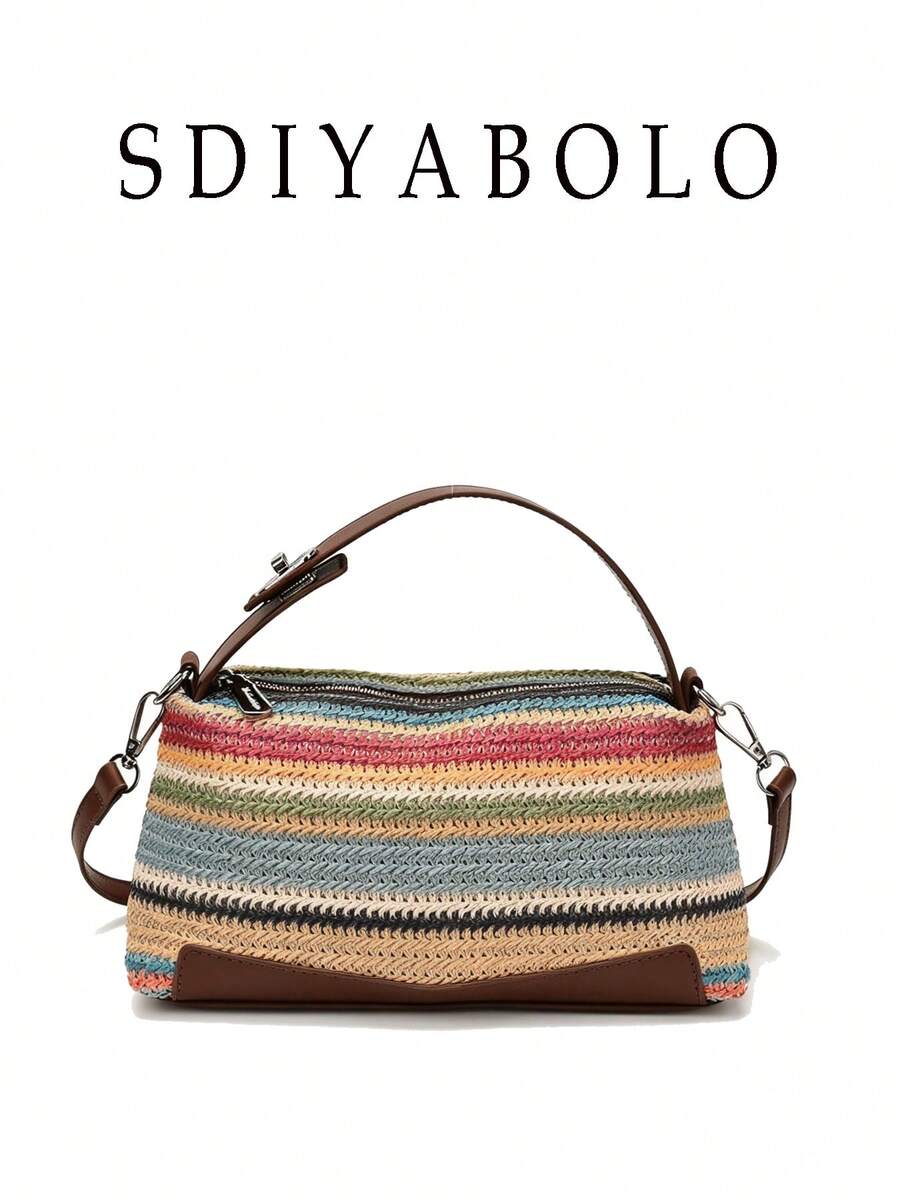 Vintage Fashionable Large Capacity Woven Tote Bag, Beach Holiday Straw Crossbody Bag Vacation Essentials - Multicolor - View 1