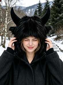 1pc Unisex Classic Fluffy Horns Protective Ear Beanie, Funny For Halloween, Warm Thick Knitted Hat For Winter, Autumn/Winter - Horns - View 1