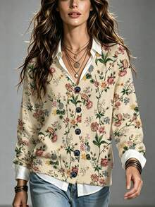 ADFHP Women's Sweater, Vintage Multicolor Floral Print V-Neck Button Front Long Sleeve Knit Cardigan, Casual Loose Top For Fall/Winter Social Occasions - Multicolor - View 1
