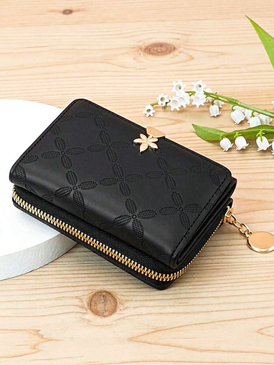 Clip Short Folding Pu Wallet Sweet Cute Fashion Young Zip Large Capacity Card Holder Storage Card - Black - View 1