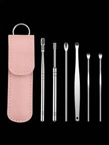 Portable Leather Earwax Removal Kit, Includes Ear Scoop And Spring-Loaded Earwax Cleaner, Travel-Size Spiral Design Ear Cleaning Tool Set, Suitable For Adults, Adult-Specific Earwax Cleaning Tool, Travel Essential - Multicolor - View 6