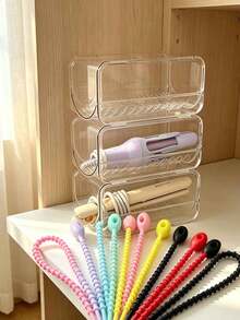 Transparent Curling Iron Storage Rack With Hair Dryer Cable Tie, Stackable Desktop Flat Iron & Curler Organizer, Bathroom Vanity Hair Tool Storage Box, Heat-Resistant Anti-Scald Hair Styling Tool Organizer. Transparent & Visible, Multi-Layer Stackable, Can Store Curling Irons & Flat Irons, Cable Organized Without Tangling, Easy Access, Keeps Neat & Dust-Free. Suitable For Home Makeup Desk, Bathroom, Student Dorm Desk, B&B Hotel Makeup Area. - Multicolor - View 5