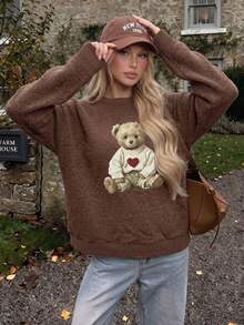 Plus Size Women's Autumn Vacation Street Casual Cute Bear Pattern Crew Neck Long Sleeve Brown Knit Sweater - Brown - View 5