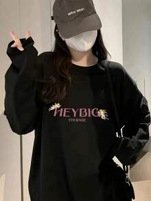 Women's Fashion Autumn/Winter Loose Minimalist Versatile Letter & Floral Print Long Sleeve T-Shirt - Black - View 6