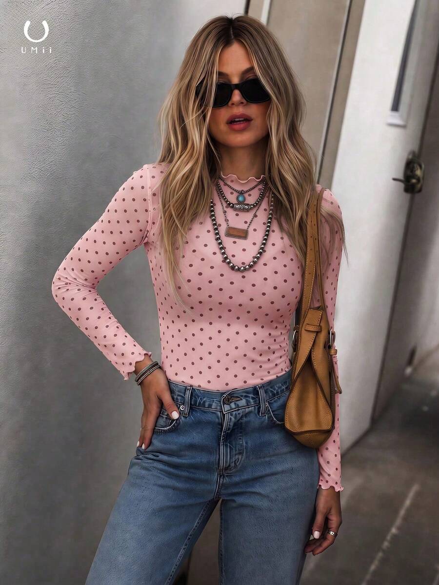 Pink Polka Dot Sheer Mesh Long Sleeve Top, Ruffle Round Neck Fitted Blouse, French Style Layering Blouse, Casual Summer Date Night Top