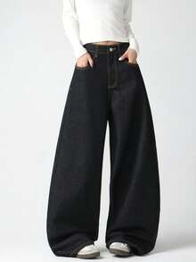 1pc Women's Retro American Street Style Embroidered Black Loose Fit Wide Leg Jeans, Comfortable And Fashionable Casual Pants For All Seasons, Decorative Back Pockets (Belt/Accessories Not Included) - Black - View 6