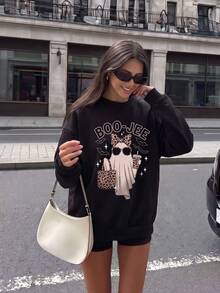 Halloween Y2K Streetwear Leopard Ghost + English Graphic Black Crew Neck Sweatshirt, Oversized Top For Back To School - Black - View 2