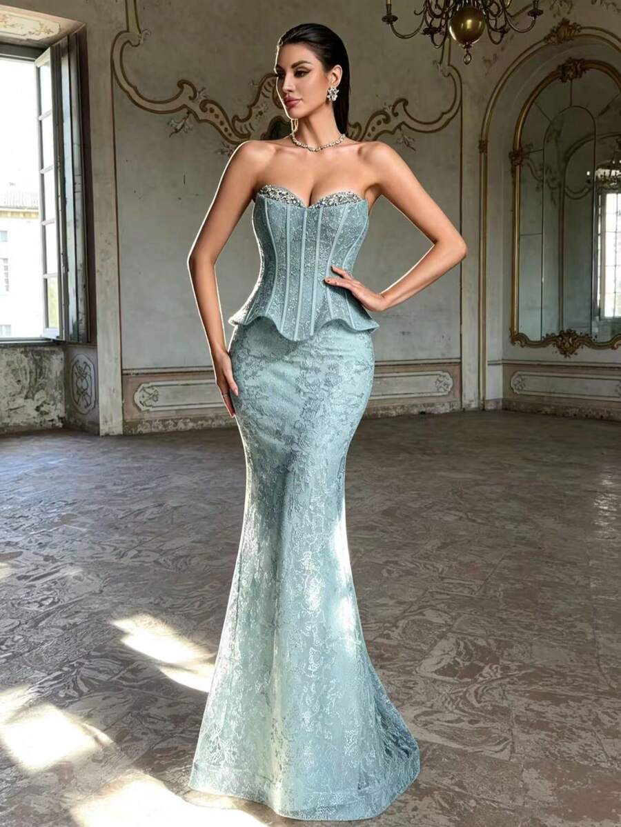 AMILUCK Women's Elegant Luxury Strapless Neckline Hand-Beaded, Boned Ruffle Hem Bandeau Backless Fitted 2 In 1 Evening Gown, Formal Party Wedding Guest Dress