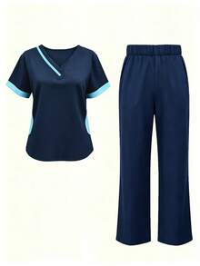 Colorblock V-Neck Short Sleeve Multi-Pocket 2 Pieces Set, Women's Professional Fashion Commuter Work Outfit, Casual Sports Set - Royal Blue - View 1