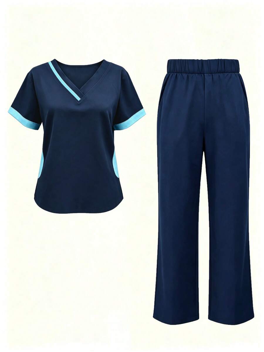 Colorblock V-Neck Short Sleeve Multi-Pocket 2 Pieces Set, Women's Professional Fashion Commuter Work Outfit, Casual Sports Set - Royal Blue - View 1