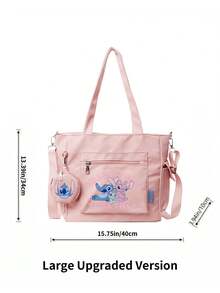 Miniso Disney Stitch & Angel Enjoy Time Together 文字印花托特包 2 件組附零錢包，適合工作、旅行、購物與日常使用 - 粉色 - 查看 6