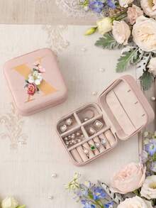 Letter PU Leather Portable Travel Jewelry Storage Box For Women, Stores Necklaces And Rings,Gift Ideas,Suitable For Home Storage And Commuting. - Flowers Letter 2 - View 39