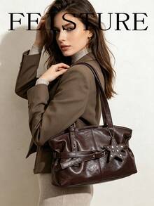 FEISTURE 1pc Solid Color PU Fabric Shoulder Bag With Strap Decoration, Fashionable Rivet Decor Underarm Bag, Suitable For Girls, Women, College Students, New Professionals And White-Collar Workers, Perfect For Work, Business, Commute, School - Coffee - View 2