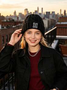 1pc Unisex Black Cuffed Cable Knit Beanie Hat With A‑Z 26 Alphabet , Soft Stretchy Warm Fall Winter Headwear, All‑Match Knitted Cap For City Commutes - Black - View 5